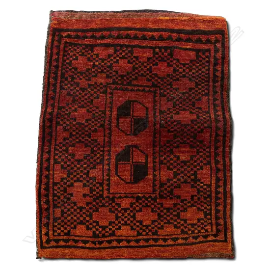 Cushion cover – wool, - flatweave/pile - Belouch - double gÃ¼l central panel - orange-red ground, 74.5 x 57.5cm